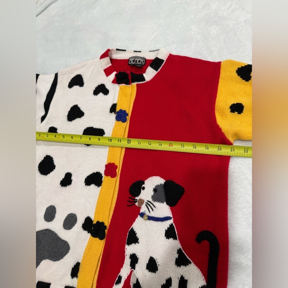 Vintage 90s Generra Dalmatian Dog Colorblock Chunky Knit Cardigan Sweater L - Picture 7 of 9